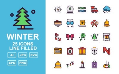 25 Premium Winter Line Filled Pack Icon Set