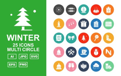 Conjunto de ícones de pacote premium com 25 círculos múltiplos de inverno
