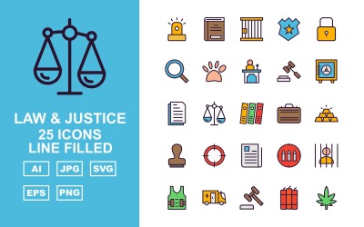 Conjunto de ícones preenchidos com 25 Premium Law and Justice Line