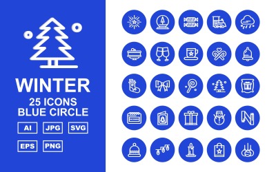 25 Conjunto de iconos de paquete de círculo azul de invierno premium