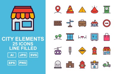 Conjunto de iconos llenos de línea de 25 elementos premium de la ciudad