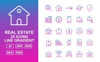 25 Premium Fastighetslinje Gradient Ikonuppsättning