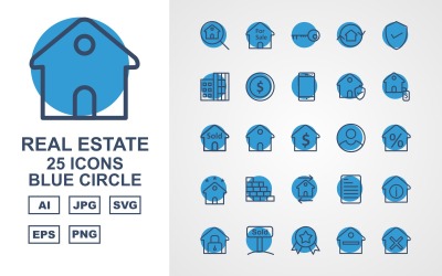 25 Premium Real Estate Blue Circle Ikonuppsättning