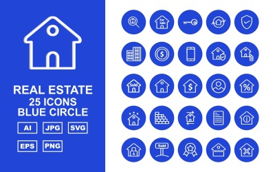 25 Premium Real Estate Blue Circle Ikonuppsättning