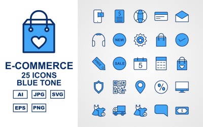 Sada ikon 25 modrých tónů prémiového elektronického obchodování