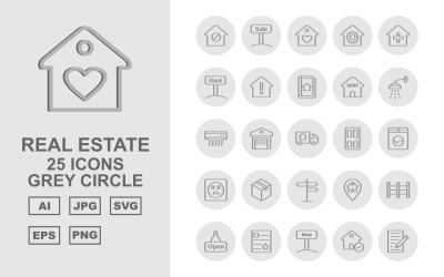 Sada ikon 25 prémiových nemovitostí šedý kruh