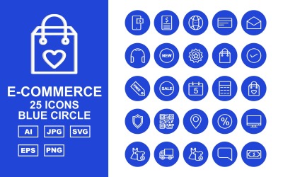 25 Set di icone del cerchio blu di e-commerce premium