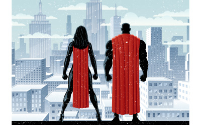 Casal de super-heróis assistir inverno - ilustração