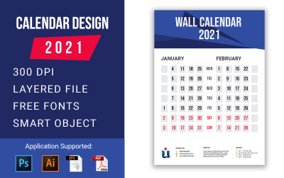 Minimalny szablon kalendarza ściennego 2021 Planner