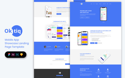 Elemente der Benutzeroberfläche der Mobile App Showcase-Landingpage-Vorlage
