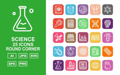 25 Premium Science Round Corner Ikonuppsättning