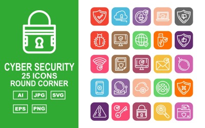 Conjunto de ícones de 25 cantos redondos Premium Cyber Security