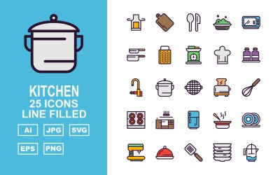 Conjunto de ícones preenchidos com 25 linhas de cozinha premium