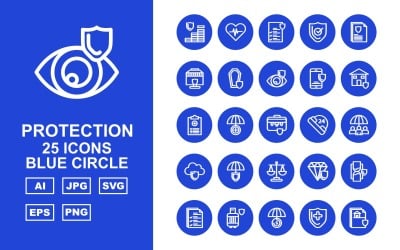 25 Conjunto de iconos de círculo azul de protección premium