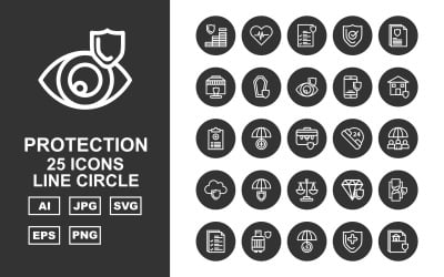 25 Conjunto de iconos de círculo de línea de protección premium