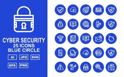 25 Premium Cyber Security Blue Circle Ikonuppsättning