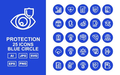 25 Set di icone del cerchio blu di protezione Premium