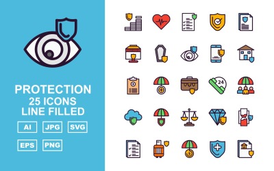 25 set di icone riempite di linea di protezione premium