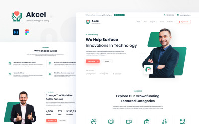 Akcel - moderní prvky uživatelského rozhraní šablony crowdfundingu a charitativních webových stránek