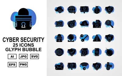 25 Conjunto de iconos de burbujas de glifos de seguridad cibernética premium