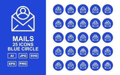 Conjunto de iconos de círculo azul de 25 correos premium