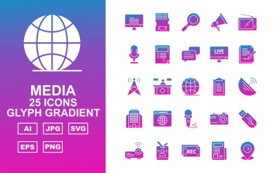 25 Conjunto de iconos de degradado de glifo de medios premium