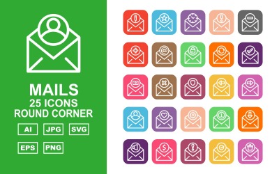 Conjunto de iconos de esquina redonda de 25 correos premium