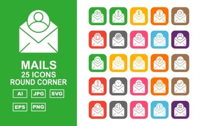 Conjunto de iconos de esquina redonda de 25 correos premium