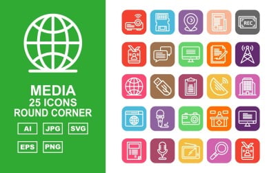 Conjunto de iconos de esquina redonda de 25 medios premium