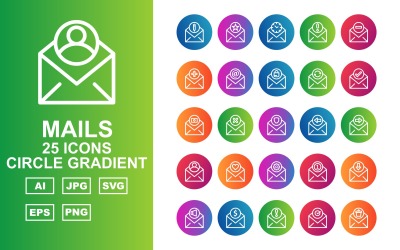 Conjunto de iconos de gradiente de círculo de 25 correos premium