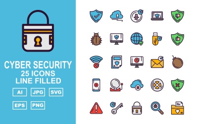 25 Conjunto de iconos llenos de línea de seguridad cibernética premium