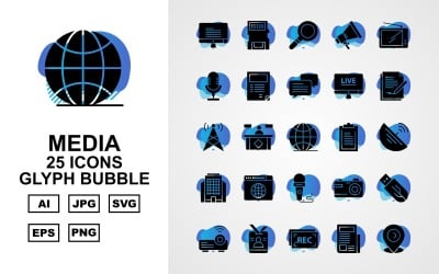 25 Premium Media Glyph Bubble Ikonuppsättning