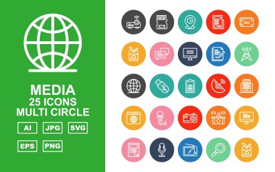 Sada ikon 25 kruhů Premium Media Multi Circle