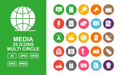 Sada ikon 25 kruhů Premium Media Multi Circle