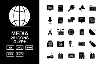 Sada ikon 25 mediálních glyfů