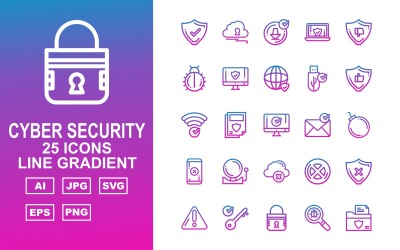 25 set di icone a gradiente di linea di sicurezza informatica premium