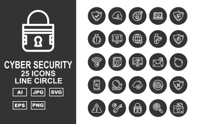 25 set di icone del cerchio della linea di sicurezza informatica premium