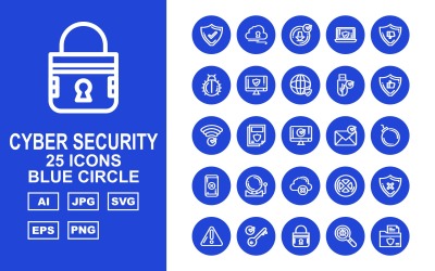 25 Conjunto de ícones de círculo azul de segurança cibernética premium