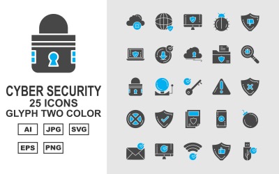 25 Zestaw ikon dwukolorowych glifów Premium Cyber Security