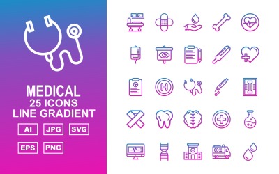 25 Conjunto de iconos de degradado de línea médica premium