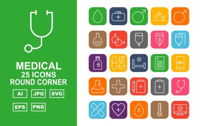 25 Premium medicinska runda hörn ikonuppsättning