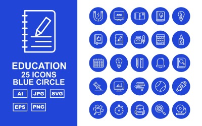 25 Premium Education Blue Circle Ikonuppsättning