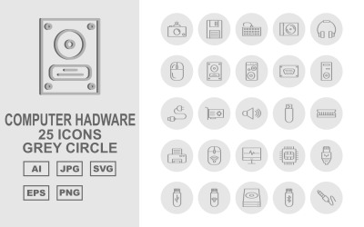 25 Conjunto de iconos de círculo gris de hardware de computadora premium