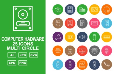 25 premium computerhardware multi-cirkel pictogramserie