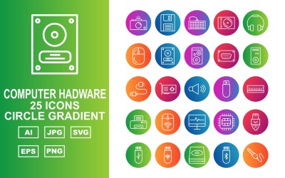 25 Premium počítačový hardware kruh přechodu Icon Set