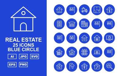 25 Premium Real Estate Blue Circle Ikonuppsättning