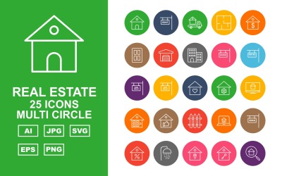 Sada ikon 25 kruhů Premium Real Estate Multi Circle