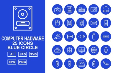 25 set di icone cerchio blu hardware per computer premium
