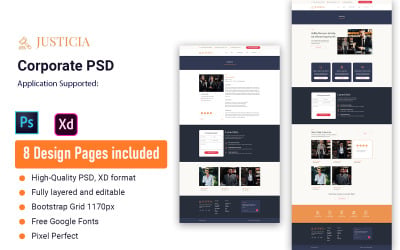 A Justicia szuper letisztult és modern Adobe Photoshop és Adobe XD PSD sablon