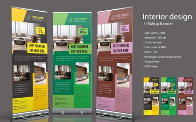 Banner rollup de design de interiores - modelo de identidade corporativa